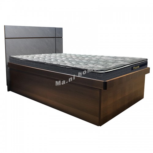 VENIRE bed, cement color + walnut veneer