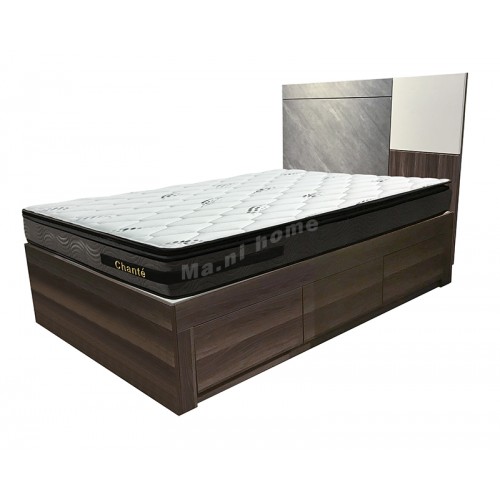 VENIRE bed with drawers, cement color + walnut + white color