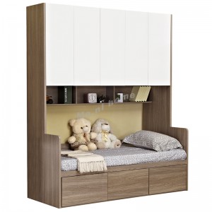 ANGO bed with wardrobe + drawers, gray wood grain + white