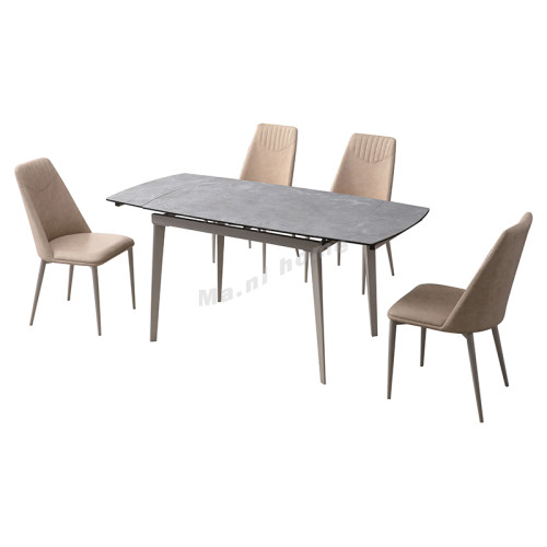 MARMO 1600 Ceramic glass dining table set, gray surface+milk white frame, khaki chair