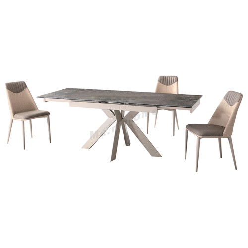 MARMO 2000 Italian ceramic glass top dining table with 4 chairs, gray top + milky white frame, khaki and gray chairs
