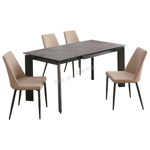 MARMO 1700 Italian ceramic glass top dining table with 4 chairs, gray top + charcoal gray shelf, khaki chairs